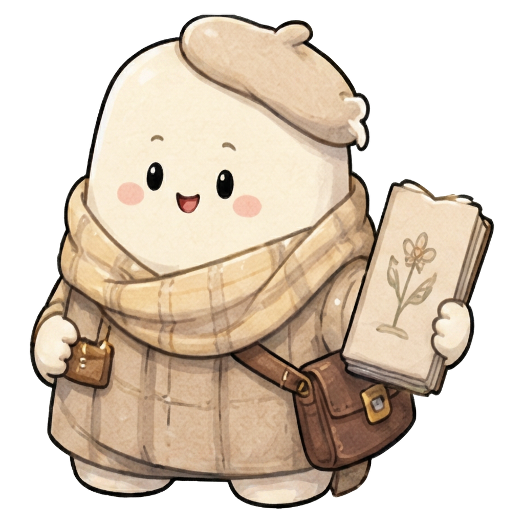 ENFJ character — cream marshmallow in a beret and plaid coat with a sketchbook