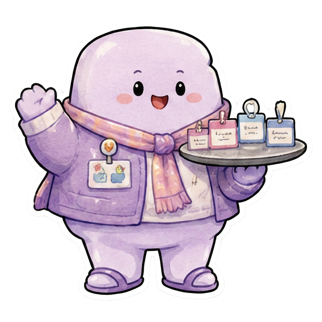 ESFJ character — lavender marshmallow waving, carrying a tray of name tags