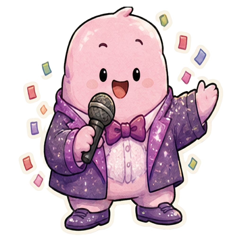 ESFP character — pink marshmallow in a sparkly jacket singing into a microphone