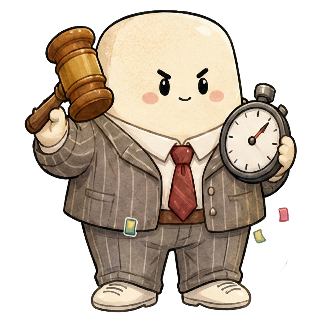 ESTJ character — ivory marshmallow in a pinstripe suit with a gavel and stopwatch