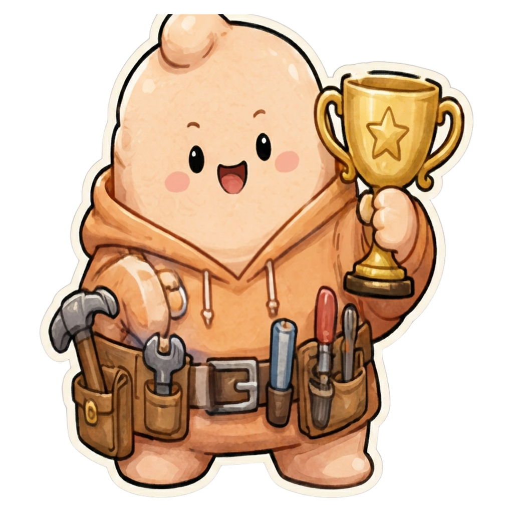 ESTP character — peach marshmallow in a tool belt holding up a gold trophy