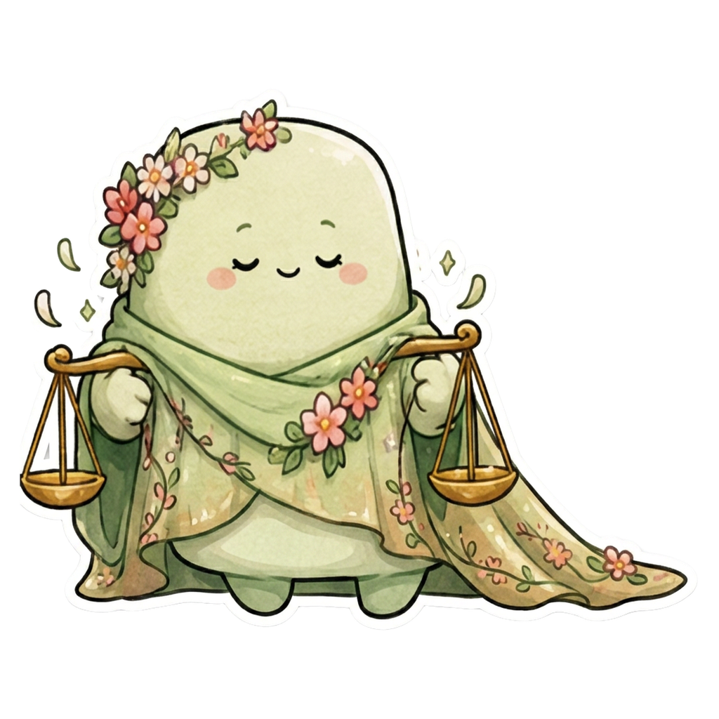 INFJ character — sage marshmallow in a flower crown holding little balance scales