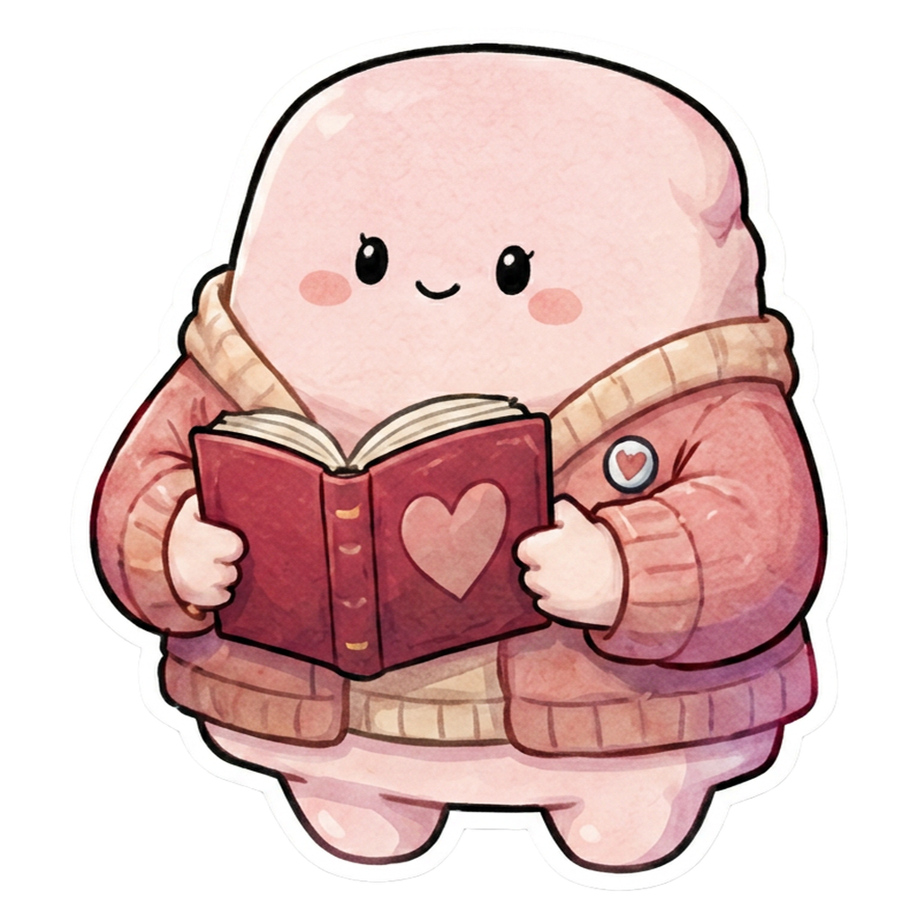 INFP character — pink marshmallow in a cozy sweater reading a heart-covered book