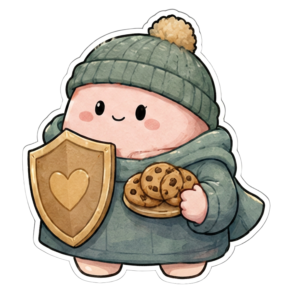 ISFJ character — cream marshmallow in a beanie with a heart shield and cookies
