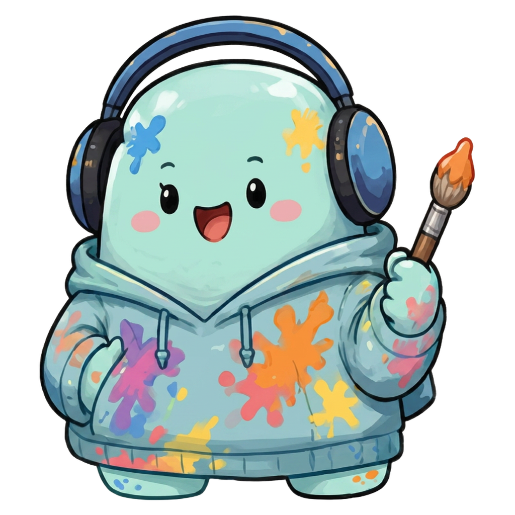 ISFP character — teal marshmallow in headphones and a paint-splattered hoodie