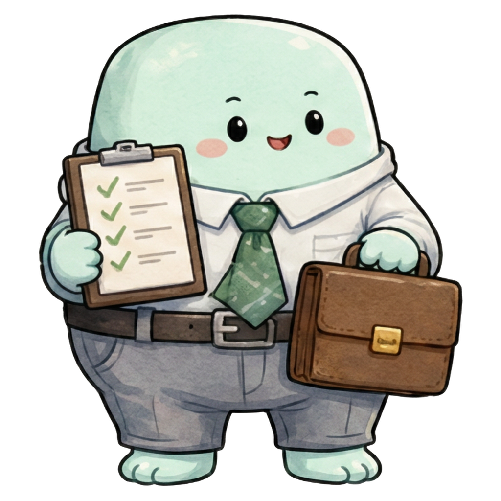 ISTJ character — mint marshmallow with a checklist clipboard and briefcase